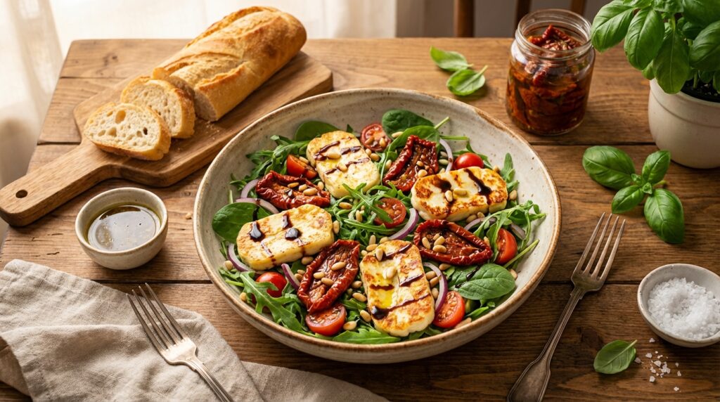 Sałatka z serem halloumi i suszonymi pomidorami: Szybka, pyszna!