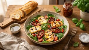 Sałatka z serem halloumi i suszonymi pomidorami: Szybka, pyszna!