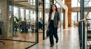 A stylish professional woman confidently walking through a modern, light-filled office building, cap