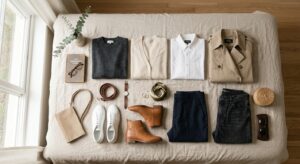 A professional, editorial-style flat lay of a minimalist capsule wardrobe featuring neutral-toned hi