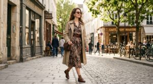 A stylish woman in a chic, curated vintage outfit walking down a sunny city street, editorial fashio
