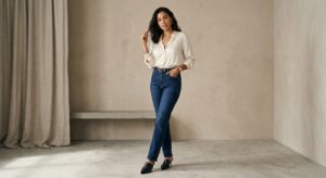 A high-end editorial fashion shot of a stylish woman confidently posing in perfectly fitted designer