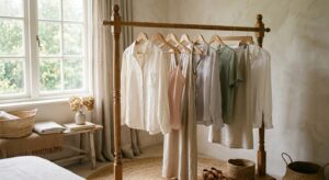 A professional editorial photograph of delicate silk and linen garments neatly organized on a wooden