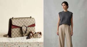 A split-screen editorial shot comparing a high-end designer handbag and a minimalist high-street gar