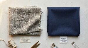 A professional editorial flat lay contrasting a high-quality textured wool fabric from a Polish arti