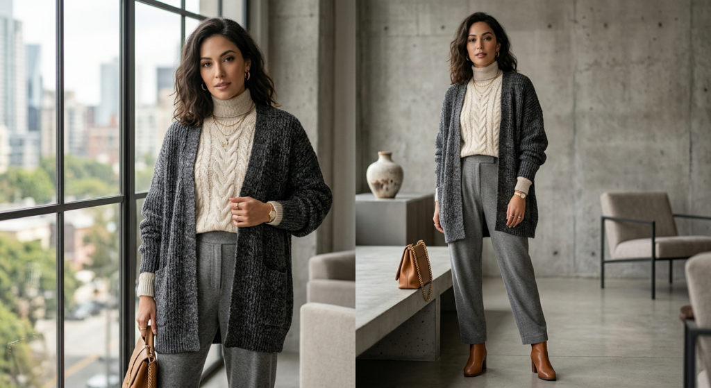 A professional, high-end editorial shot of a stylish woman wearing a sophisticated layered knit outf