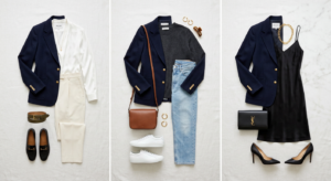 A professional editorial flat-lay showcasing one elegant blazer styled in three distinct ways on a l