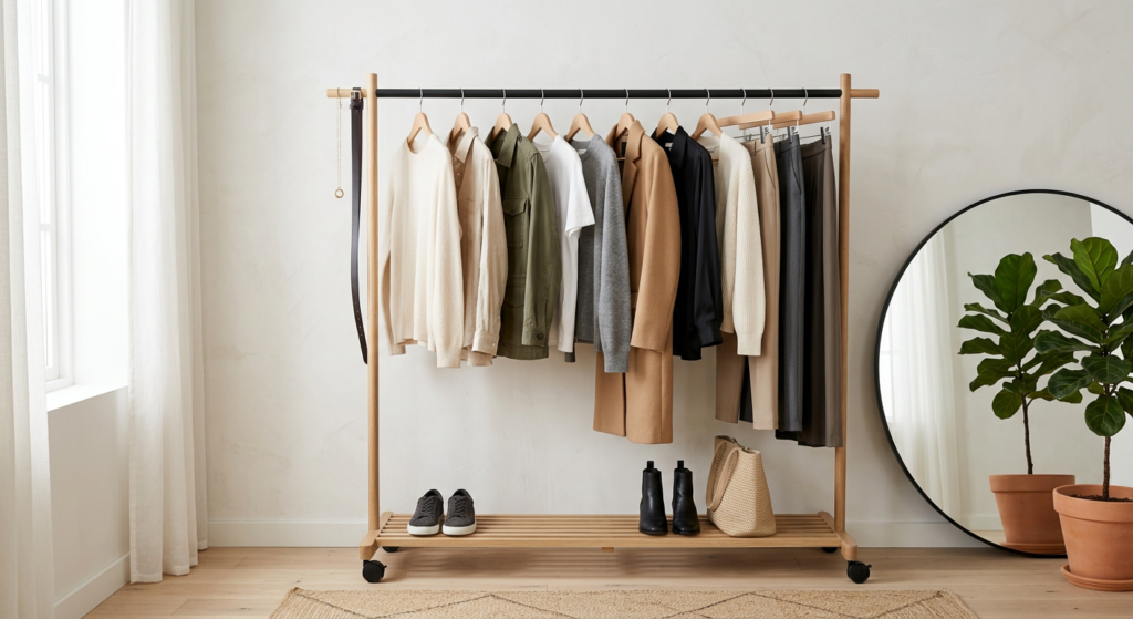 Minimalist, high-end editorial shot of a neatly organized capsule wardrobe rack with a neutral color