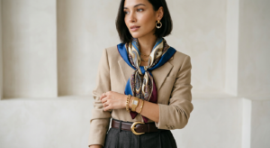 An editorial, high-fashion close-up of a stylish woman accessorized with a curated collection of cla