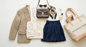 An elegant, editorial-style flat lay featuring a curated selection of stylish vintage garments, a le