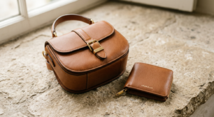 A sophisticated, editorial-style close-up of premium leather accessories like a luxury handbag and a