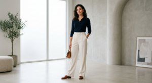 A professional editorial-style shot of a stylish young woman wearing flattering, well-tailored high-