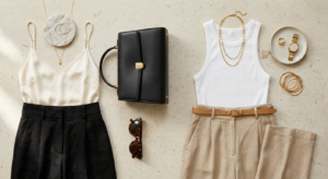 An editorial-style flat lay of minimalist outfits accessorized with elegant gold jewelry, a structur