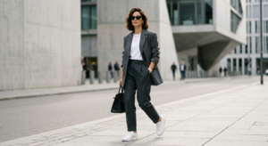 A professional editorial shot of a stylish woman wearing an oversized blazer paired with high-end wh