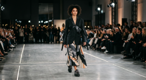 A high-end editorial fashion photograph of a stylish model walking on a minimalist runway, blending