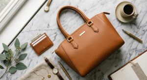 A professional editorial flat lay of a high-quality leather handbag and a matching minimalist wallet