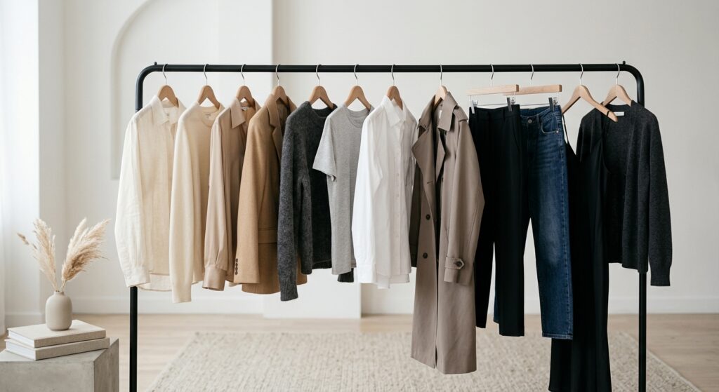A minimalist, editorial-style photograph featuring a perfectly curated rack of neutral-toned capsule