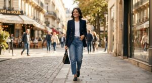 A high-end editorial fashion shot of a stylish woman wearing a sharp, tailored blazer paired with re